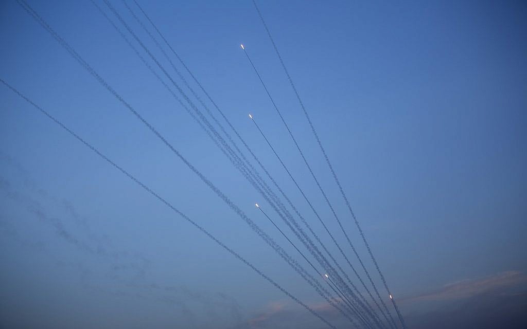 Palestinian terrorist groups in the Gaza Strip fire rockets toward Israel from on May 5, 2019. (AP Photo/Khalil Hamra)