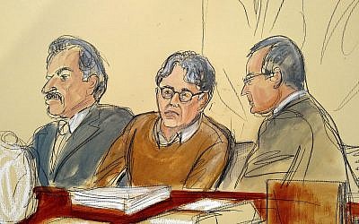 In this courtroom drawing, defendant Keith Raniere, center, is seated between his attorneys Paul DerOhannesian, left, and Marc Agnifilo during the first day of his sex trafficking trial, Tuesday, May 7, 2019. (Elizabeth Williams via AP)
