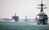 In this photo provided by the US Navy, the Abraham Lincoln Carrier Strike Group transits the Suez Canal, May 9, 2019. (Petty Officer 3rd Class Darion Chanelle Triplett/US Navy via AP)