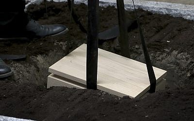 A cemetery staff member lets down a box with the remains of political prisoners of the Nazi regime in Berlin, Germany, Monday, May 13, 2019. (AP Photo/Michael Sohn)