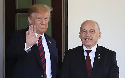 President Donald Trump welcomes Switzerland's Federal President Ueli Maurer to the White House in Washington, May 16, 2019. (AP Photo/Manuel Balce Ceneta)