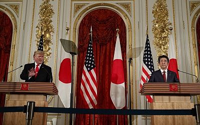 US President Donald Trump speaks during a news conference with Japanese Prime Minister Shinzo Abe, right, at Akasaka Palace in Tokyo on May 27, 2019. (AP Photo/Evan Vucci) US President Donald Trump speaks during a news conference with Japanese Prime Minister Shinzo Abe, right, at Akasaka Palace in Tokyo on May 27, 2019. (AP Photo/Evan Vucci)