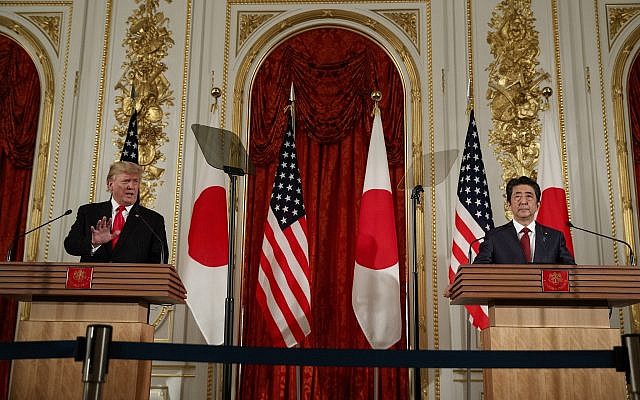 US President Donald Trump speaks during a news conference with Japanese Prime Minister Shinzo Abe, right, at Akasaka Palace in Tokyo on May 27, 2019. (AP Photo/Evan Vucci) US President Donald Trump speaks during a news conference with Japanese Prime Minister Shinzo Abe, right, at Akasaka Palace in Tokyo on May 27, 2019. (AP Photo/Evan Vucci)