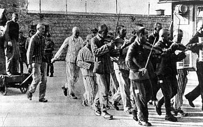 The Mauthausen prisoner band playing as inmates are taken to their death, 1942. (Courtesy Claims Conference) The Mauthausen prisoner band playing as inmates are taken to their death, 1942. (Courtesy Claims Conference)