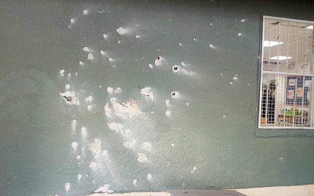 Shrapnel holes scar the wall of a kindergarten in the southern town of Sderot after a rocket fired from the Gaza Strip exploded in its yard on May 5, 2019. (Sderot Municipality) Shrapnel holes scar the wall of a kindergarten in the southern town of Sderot after a rocket fired from the Gaza Strip exploded in its yard on May 5, 2019. (Sderot Municipality)