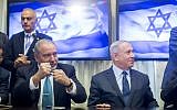 Prime Minister Benjamin Netanyahu (R) and Yisrael Beytenu leader Avigdor Liberman sign a coalition agreement in the Knesset on May 25, 2016. (Yonatan Sindel/Flash90)