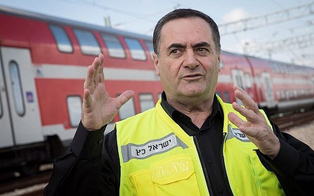 Transportation Minister Israel Katz during a test run of the Jerusalem-Tel Aviv express train in central Israel on January 16, 2018. (Hadas Parush/Flash90) Transportation Minister Israel Katz during a test run of the Jerusalem-Tel Aviv express train in central Israel on January 16, 2018. (Hadas Parush/Flash90)
