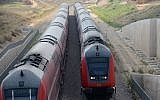 Illustrative: Trains are seen near the city of Sderot on July 15, 2018. (Gili Yaari/Flash90)