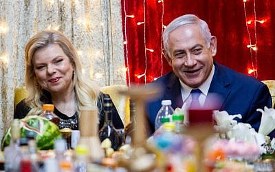 Prime Minister Benjamin Netanyau and his wife Sara attend the Jewish Moroccan celebration of Mimouna, in Or Akiva on April 27, 2019. (Flash90)