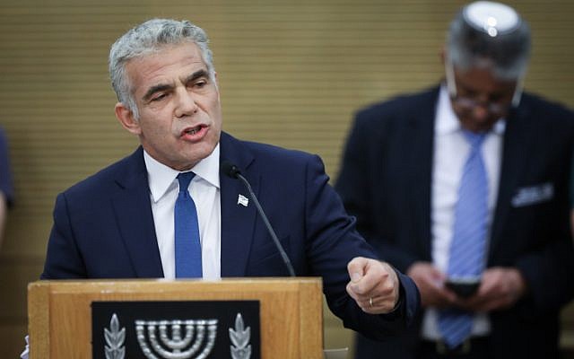 Blue and White co-chairman Yair Lapid at the opening session of the new Knesset on April 30, 2019. (Noam Revkin Fenton/Flash90) Blue and White co-chairman Yair Lapid at the opening session of the new Knesset on April 30, 2019. (Noam Revkin Fenton/Flash90)