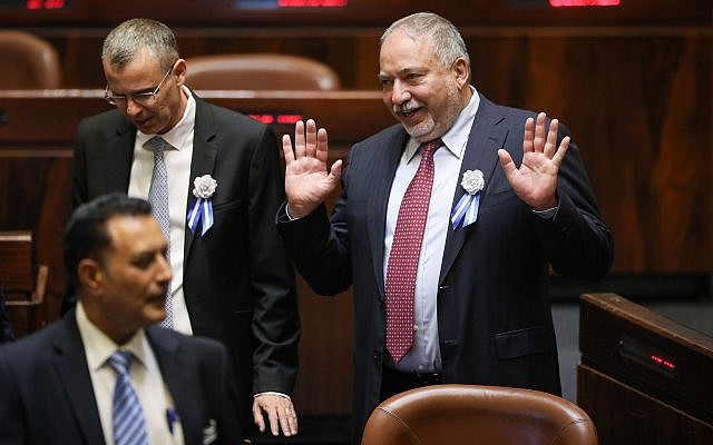 Yisrael Beytenu party leader Avigdor Liberman is seen during the ceremony for the swearing-in of the 21st Knesset, on April 30, 2019. (Noam Revkin Fenton/Flash90) Yisrael Beytenu party leader Avigdor Liberman is seen during the ceremony for the swearing-in of the 21st Knesset, on April 30, 2019. (Noam Revkin Fenton/Flash90)