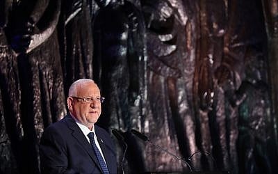 President Reuven Rivlin speaks during the official ceremony marking Holocaust Remembrance Day, at the Yad Vashem Holocaust Memorial Museum in Jerusalem, May 1, 2019. (Noam Rivkin Fenton/Flash90)