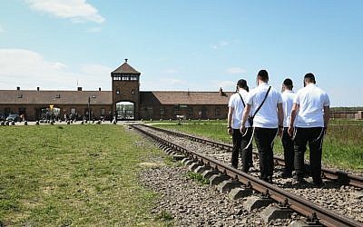 Participants in the March of the Living at the Auschwitz-Birkenau camp site in Poland, as Israel marks its annual Holocaust Memorial Day, on May 1, 2019. (Yossi Zeliger/Flash90)