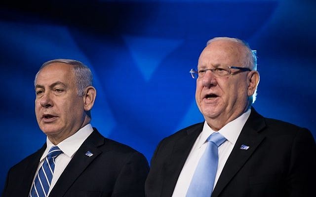 Prime Minister Benjamin Netanyahu, left, and President Reuven Rivlin attend the Israel Prize ceremony in Jerusalem, on Israel's 71st Independence Day, May 9, 2019. (Yonatan Sindel/Flash90) Prime Minister Benjamin Netanyahu, left, and President Reuven Rivlin attend the Israel Prize ceremony in Jerusalem, on Israel's 71st Independence Day, May 9, 2019. (Yonatan Sindel/Flash90)