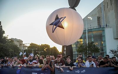 Fans attend the opening event of the 2019 Eurovision Song Contest, at Habima Square in Tel Aviv on May 12, 2019. (Hadas Parush/Flash90)