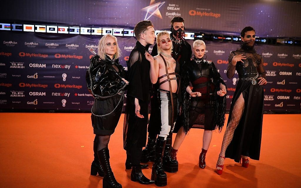 Hatari of Iceland walk on the Orange Carpet, during the opening event of the 2019 Eurovision Song Contest, at Habima Square in Tel Aviv on May 12, 2019. (Hadas Parush/Flash90)