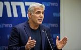 Blue and White co-chairman Yair Lapid delivers a statement to the media at the Knesset, May 13, 2019. (Noam Revkin Fenton/Flash90)