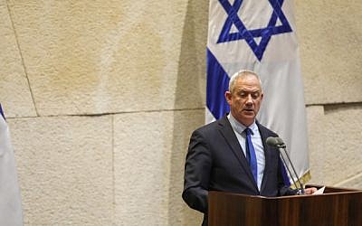 Blue and White chairman Benny Gantz speaks at the Knesset on May 13, 2019. (Noam Revkin Fenton/Flash90)