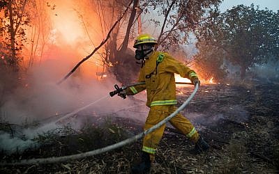 Illustrative. Firefighters try to extinguish a forest fire near Kibbutz Harel, on May 23, 2019. (Yonatan Sindel/Flash90)