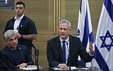 Blue and White party leaders MK Benny Gantz, right, and MK Yair Lapid at a faction meeting at the Knesset, on May 27, 2019. (Yonatan Sindel/Flash90)