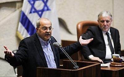Ta'al party leader MK Ahmad Tibi speaks during a discussion on a bill to dissolve the parliament, at the Knesset, in Jerusalem on May 29, 2019. (Hadas Parush/Flash90)