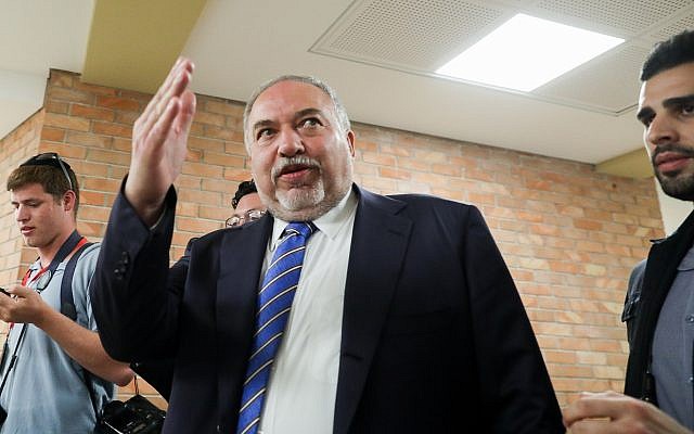 Yisrael Beytenu party leader Avigdor Liberman leaves after a faction meeting at the Knesset, on May 29, 2019. (Noam Revkin Fenton/Flash90) Yisrael Beytenu party leader Avigdor Liberman leaves after a faction meeting at the Knesset, on May 29, 2019. (Noam Revkin Fenton/Flash90)