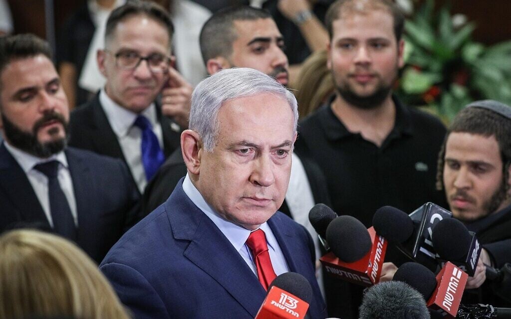 Prime Minister Benjamin Netanyahu speaks to the media at the Knesset in Jerusalem on May 29, 2019. Netanyahu forced the dissolution of the Knesset that night, after it became clear that he was unable to win the support of Avigdor Liberman and thus could not form a majority coalition. (Yonatan Sindel/Flash90)