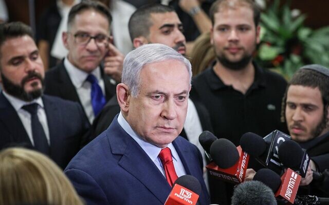 Prime Minister Benjamin Netanyahu speaks to the media at the Knesset in Jerusalem on May 29, 2019. Netanyahu forced the dissolution of the Knesset that night, after it became clear that he was unable to win the support of Avigdor Liberman and thus could not form a majority coalition. (Yonatan Sindel/Flash90) Prime Minister Benjamin Netanyahu speaks to the media at the Knesset in Jerusalem on May 29, 2019. Netanyahu forced the dissolution of the Knesset that night, after it became clear that he was unable to win the support of Avigdor Liberman and thus could not form a majority coalition. (Yonatan Sindel/Flash90)