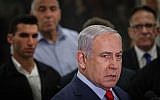 Prime Minister Benjamin Netanyahu speaks to the media at the Knesset in Jerusalem on May 29, 2019, after dispersing parliament and calling new elections. (Yonatan Sindel/Flash90)