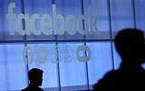 The Facebook logo is displayed during the F8 Facebook Developers conference in San Jose, Calif., April 30, 2019. (Justin Sullivan/Getty Images via JTA)