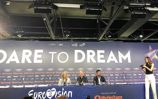 Zivit Davidovitch (far left), Jon Ola Sand and and Yuval Cohen at Eurovision's press conference on May 13, 2019, prior to the first semifinal on May 14 (Jessica Steinberg/Times of Israel) Zivit Davidovitch (far left), Jon Ola Sand and and Yuval Cohen at Eurovision's press conference on May 13, 2019, prior to the first semifinal on May 14 (Jessica Steinberg/Times of Israel)
