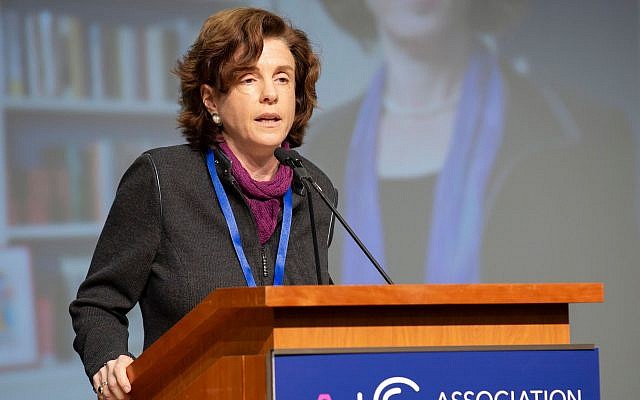 Maud Mandel, the president of Williams College, speaking at the Association of Jewish Studies conference in Boston, Dec. 16, 2018. (Tim Correira) Maud Mandel, the president of Williams College, speaking at the Association of Jewish Studies conference in Boston, Dec. 16, 2018. (Tim Correira)