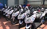 Motorbikes lined up for delivery at the Tel Aviv garage of Blitz Motors, a maker of electric and fast motorbikes April 2, 2019 (Shoshanna Solomon/Times of Israel)