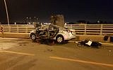Wreckage of a car after a suspected mob-related bombing in Hadera, May 15, 2019 (Israel Police)