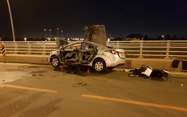 Wreckage of a car after a suspected mob-related bombing in Hadera, May 15, 2019 (Israel Police) Wreckage of a car after a suspected mob-related bombing in Hadera, May 15, 2019 (Israel Police)