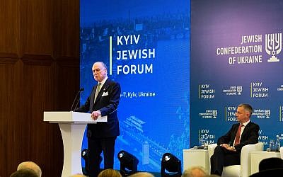 Ronald S. Lauder, president, World Jewish Congress, speaks at the Kyiv Jewish Forum alongside Boris Lozhkin, president, Jewish Confederation of Ukraine. (Courtesy)