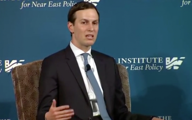 Jared Kushner speaks at the Washington Institute for Near East Affairs, May 2, 2019 (Washington Institute screenshot) Jared Kushner speaks at the Washington Institute for Near East Affairs, May 2, 2019 (Washington Institute screenshot)