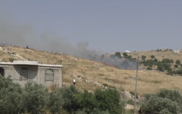 A fire apparently started by an Israeli settler outside the Palestinian village of Burin in the northern West Bank on May 17, 2019. (B'tselem) A fire apparently started by an Israeli settler outside the Palestinian village of Burin in the northern West Bank on May 17, 2019. (B'tselem)