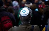Illustrative: A man wears a kippah at a demonstration against an anti-Semitic attack in Berlin, Germany, April 25, 2018. (AP Photo/Markus Schreiber)