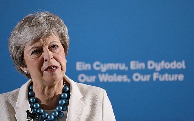 Britain's Prime Minister Theresa May in Llangollen, Wales, May 3, 2019. (Aaron Chown/PA via AP) Britain's Prime Minister Theresa May in Llangollen, Wales, May 3, 2019. (Aaron Chown/PA via AP)