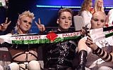 Icelandic band Hatari hold up Palestinian flags during the live grand final of the Eurovision in Tel Aviv, May 19, 2019. (Screenshot/YouTube)