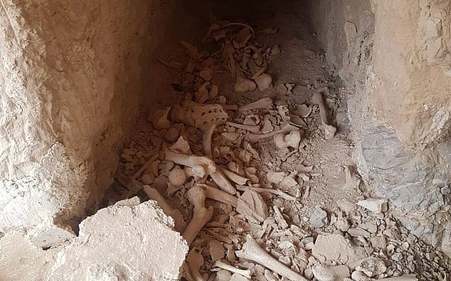 Remains of believed Second Temple-era Jews, exposed when their tombs near Jericho were damaged, are re-interred at the nearby Kfar Adumim settlement on May 21, 2019. (Courtesy Regavim) Remains of believed Second Temple-era Jews, exposed when their tombs near Jericho were damaged, are re-interred at the nearby Kfar Adumim settlement on May 21, 2019. (Courtesy Regavim)