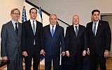 (L-R) Brian Hook, US special representative for Iran, Trump adviser Jared Kushner, Prime Minister Benjamin Netanyahu, US Mideast peace envoy Jason Greenblatt and Israel's US envoy Ron Dermer, at a meeting at the Prime Minister's Office, in Jerusalem, on May 30, 2019. (Ziv Sokolov/US Embassy Jerusalem)