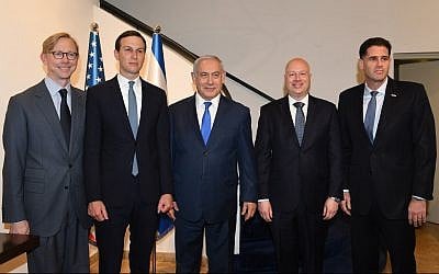 (L-R) Brian Hook, US special representative for Iran, Trump adviser Jared Kushner, Prime Minister Benjamin Netanyahu, US Mideast peace envoy Jason Greenblatt and Israel's US envoy Ron Dermer, at a meeting at the Prime Minister's Office, in Jerusalem, on May 30, 2019. (Ziv Sokolov/US Embassy Jerusalem)