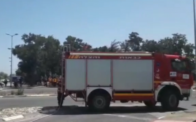 A fire truck seen in Haifa as teams handle a flammable gas leak, May 18, 2019 (Channel 12 screenshot) A fire truck seen in Haifa as teams handle a flammable gas leak, May 18, 2019 (Channel 12 screenshot)