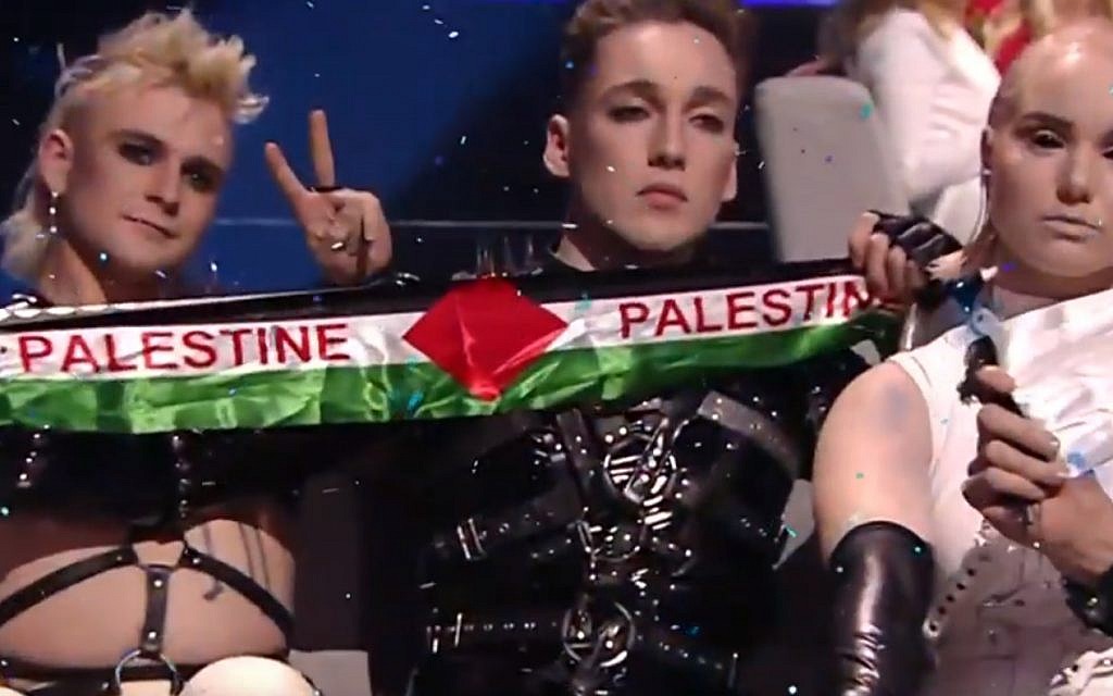 Iceland's Hatari holding up Palestinian flags during Eurovision in Tel Aviv on May 19, 2019. (screen capture: YouTube)