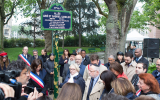 Paris Mayor Anne Hidalgo, left in sash, attends a ceremony honoring the victims of the 2012 Toulouse Jewish school shooting, on May 19, 2019, by naming two alleys in the city after the three victims. (Anne Hidalgo/Twitter/via JTA)