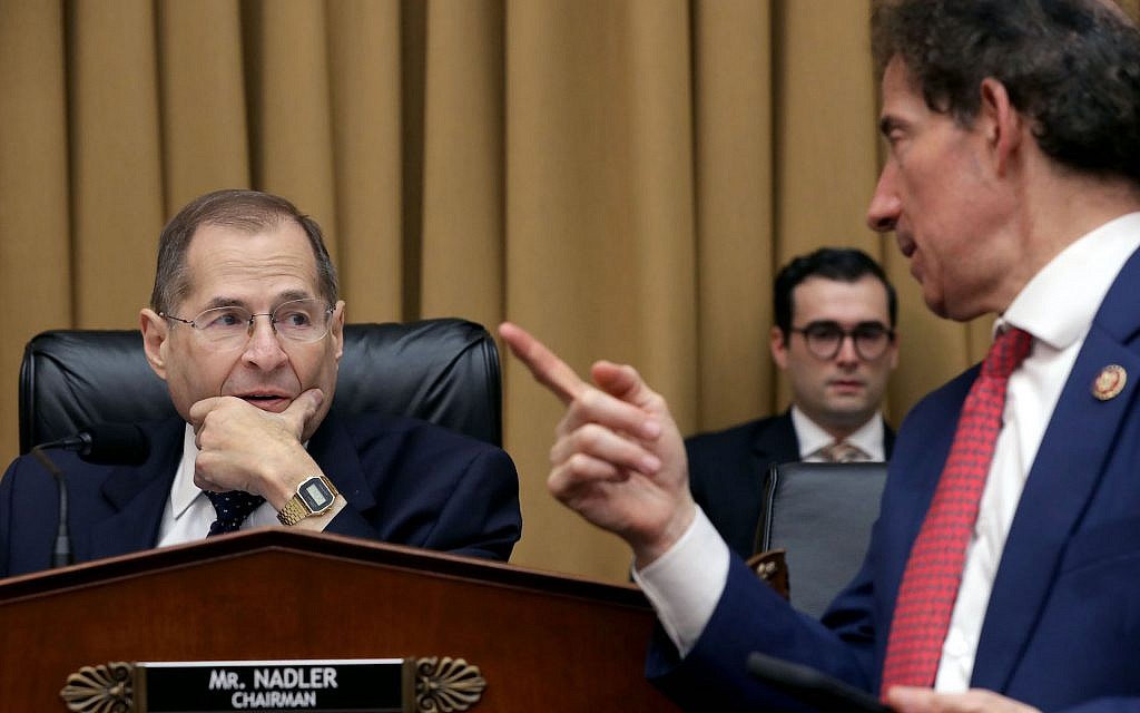 Rep. Jerry Nadler, seated, chairman of the House Judiciary Committee, and Rep. Jamie Raskin at a hearing on Capitol Hill, May 8, 2019. (Chip Somodevilla/Getty Images via JTA) Rep. Jerry Nadler, seated, chairman of the House Judiciary Committee, and Rep. Jamie Raskin at a hearing on Capitol Hill, May 8, 2019. (Chip Somodevilla/Getty Images via JTA)