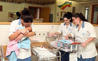 Illustrative: Jewish religious women do their national service at the maternity department at a hospital in Jerusalem. October 28, 2010. (Abir Sultan/FLASH90)