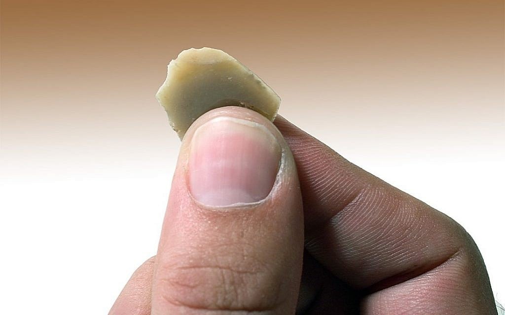 Example of a small recycled archaeological flake from Qesem Cave. (Ran Barkai/Tel Aviv University)